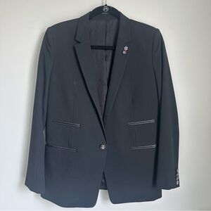 Classic Black Blazer with Jewel Buttons and Leather Trim Pocket Detail